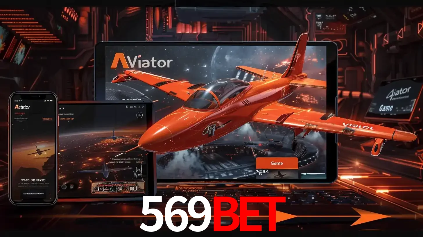 Apresentação tecnológica do jogo Aviator com um avião saindo da tela de um tablet, demonstrando a experiência imersiva em múltiplos dispositivos no 569BET.