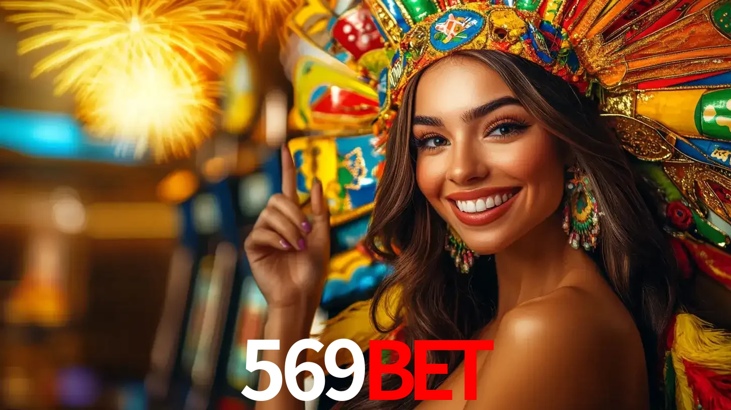 Mulher sorridente com um cocar de carnaval vibrante e colorido, celebrando uma grande vitória nos jogos do cassino 569BET com fogos de artifício ao fundo.