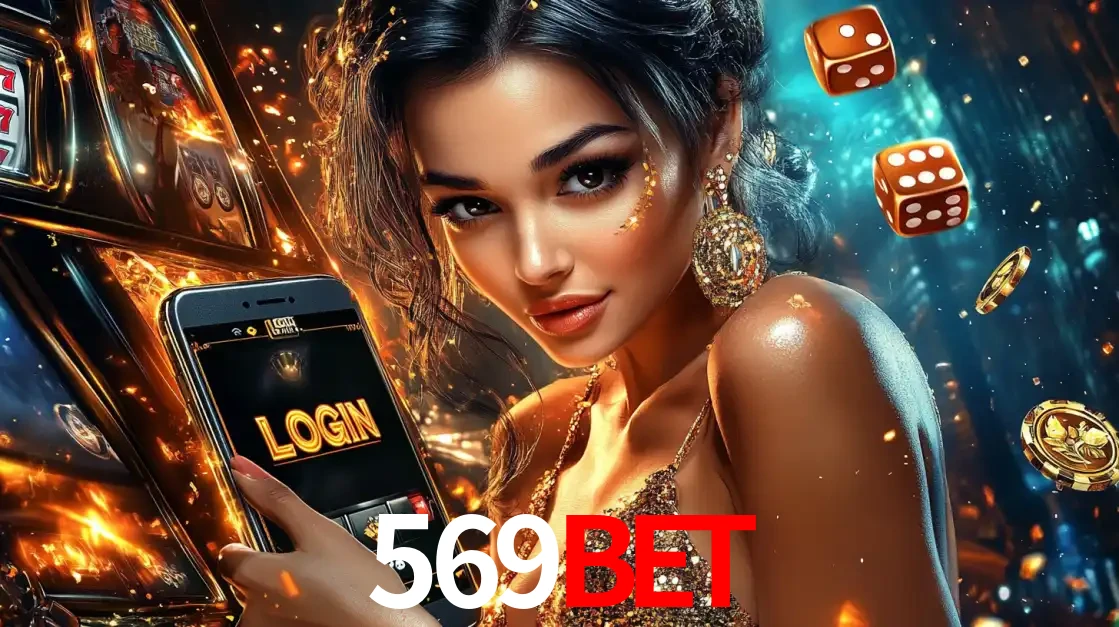 Mulher glamourosa segurando um celular com a tela de login do cassino 569BET, rodeada por dados e moedas douradas, pronta para começar a diversão.