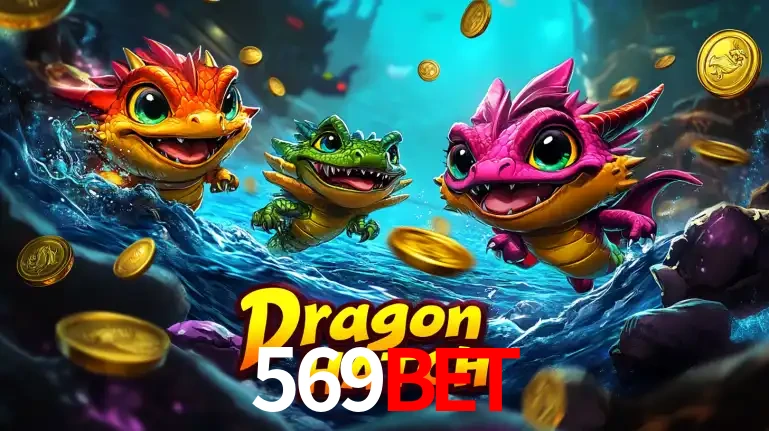 Arte promocional do jogo Dragon Hatch com três adoráveis dragões bebês nadando entre moedas de ouro, um dos slots mais divertidos para jogar no cassino 569BET.