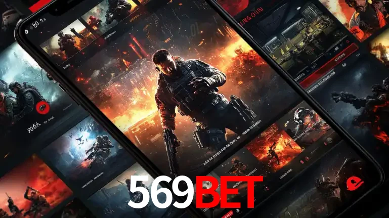 Tela de um celular exibindo uma galeria de jogos de tiro com temática militar, mostrando a variedade de e-sports disponíveis para apostas na plataforma de entretenimento 569BET.
