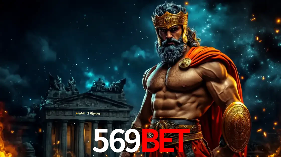 O poderoso Zeus do jogo de slot Gates of Olympus em frente ao seu templo, pronto para lançar multiplicadores divinos e prêmios épicos no cassino online 569BET.