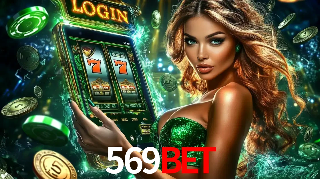 Mulher com tema verde apresentando o aplicativo do cassino 569BET com um jogo de slot de 777, cercada por fichas de cassino e uma aura de sorte.