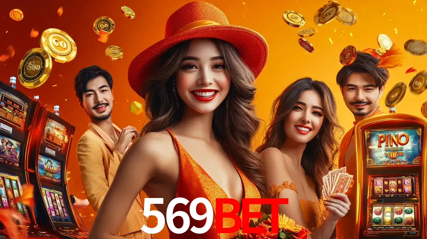 Grupo de amigos asiáticos sorrindo e se divertindo com máquinas de caça-níqueis em um ambiente festivo, celebrando suas vitórias nos jogos de cassino do 569BET.