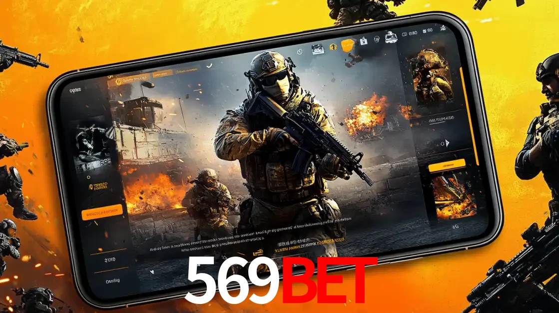Um smartphone exibindo a interface de um jogo de tiro em primeira pessoa, com um soldado em um cenário de batalha, representando a ação dos e-sports para apostar no 569BET.