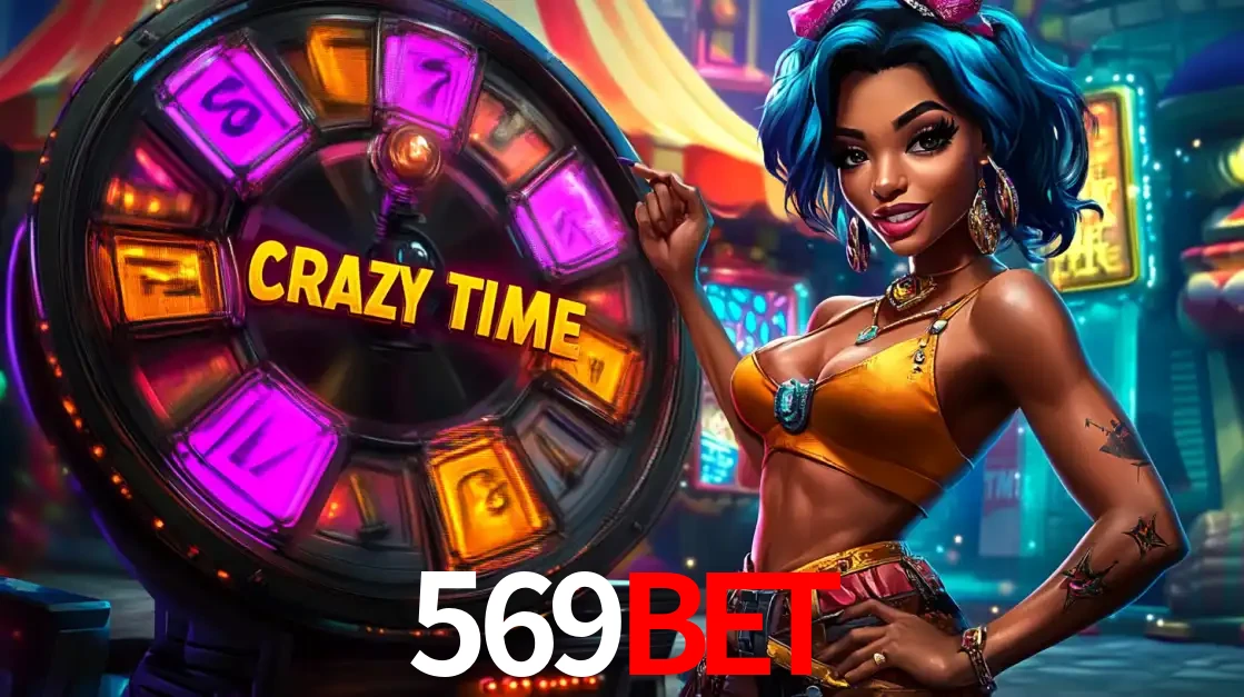 Mulher estilizada com cabelo azul e visual vibrante posando ao lado da roda de prêmios do game show Crazy Time, convidando para a diversão e os bônus do cassino 569BET.