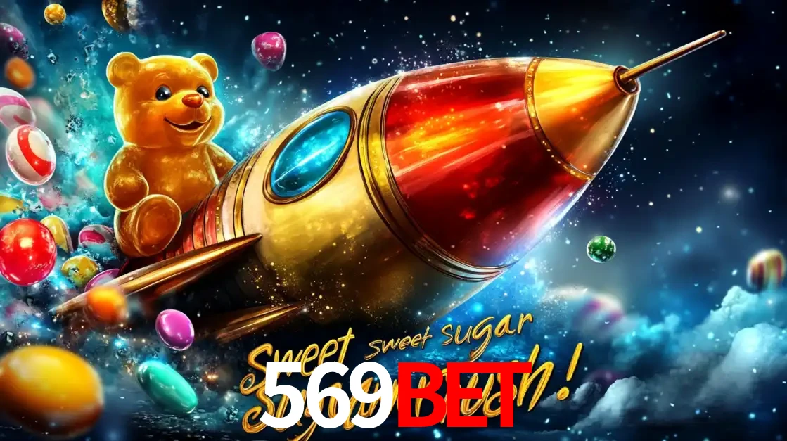 Arte promocional do jogo de slot Sugar Rush, com um urso de pelúcia em um foguete viajando pelo espaço de doces, um dos jogos divertidos disponíveis no cassino 569BET.