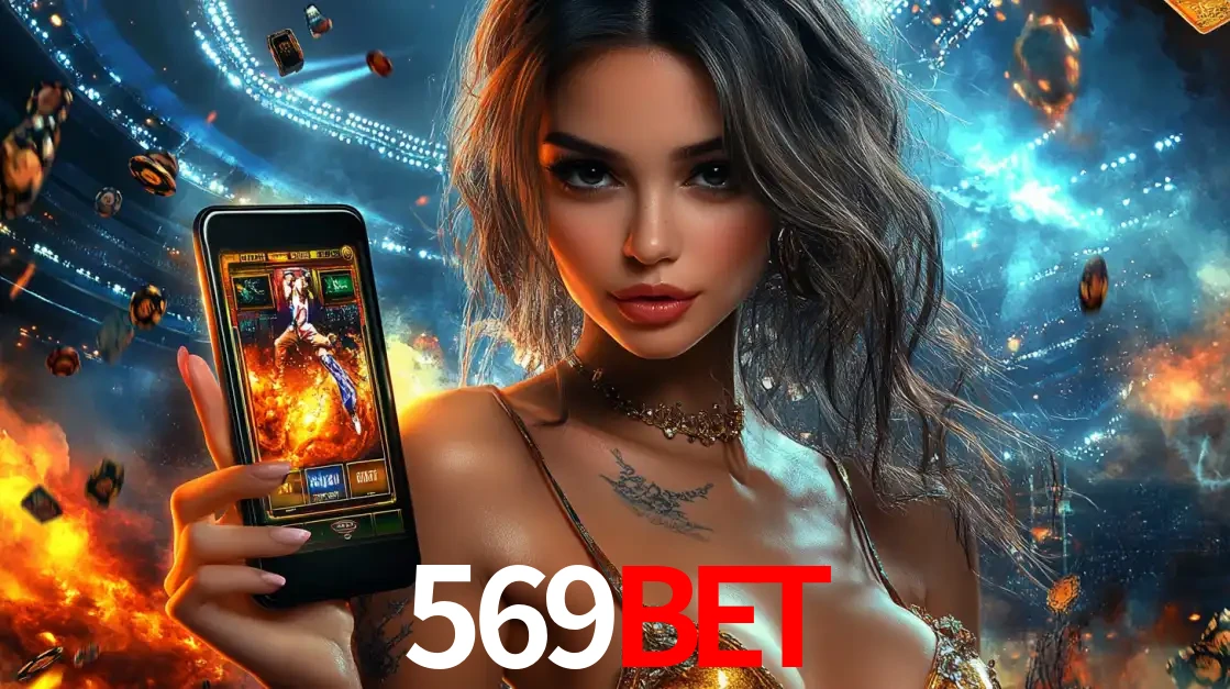 Mulher segurando um celular com um jogo de slot em destaque, tendo como fundo um estádio vibrante, simbolizando a emoção de jogar no cassino móvel 569BET.